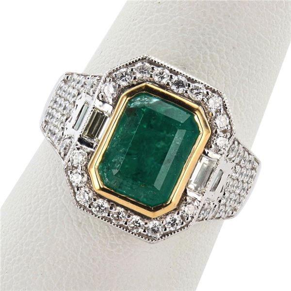 2.99 ctw Emerald and 0.89 ctw Diamond 18K White and Yellow Gold Ring