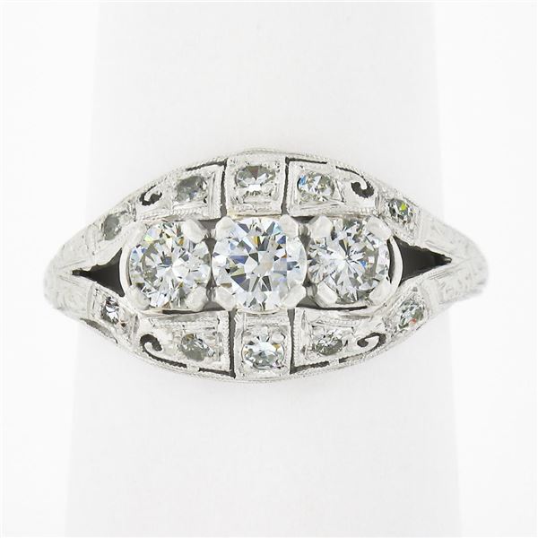 Antique Art Deco Platinum 0.81 ctw Old Cut Diamond Detailed Etched Domed Band Ri