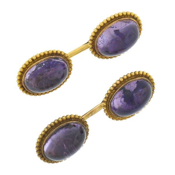 Men's Antique 14K Gold Oval Cabochon Bezel Amethyst Ball Bead Frame Cuff Links