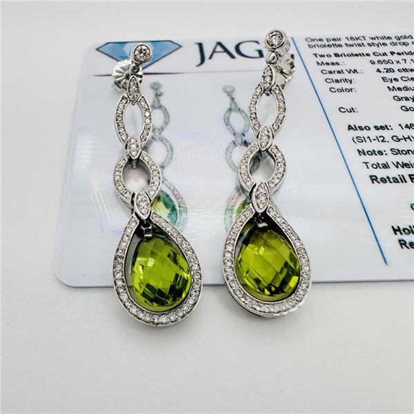 4.20 ctw Peridot and 0.49 ctw Diamond 18KT White Gold Dangle Earrings