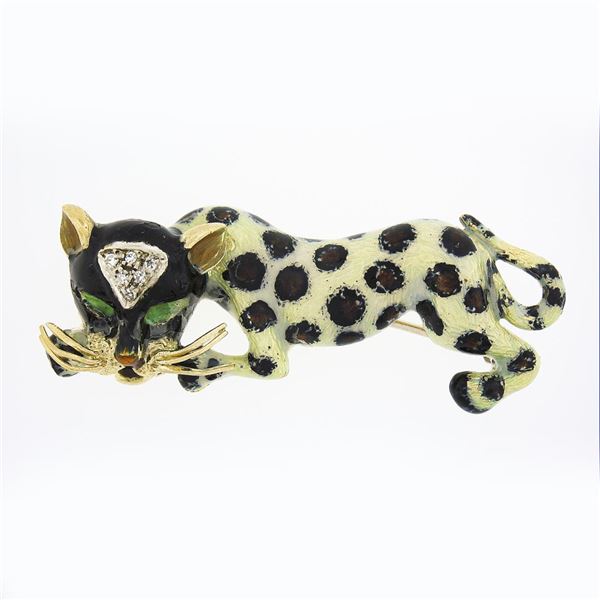 Vintage 18k Gold Detailed Enamel w/ Diamond Spotted Leopard Panther Brooch Pin