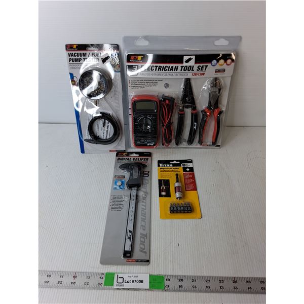 Electrician Tool Set, Vacuum/Fuel Pump Tester, Magnetic Bit Holder, Digital Caliper- All Sealed