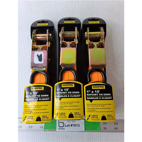 (3) Shop Pro 1" x 15 Ft. Ratchet Tie Downs, NIB