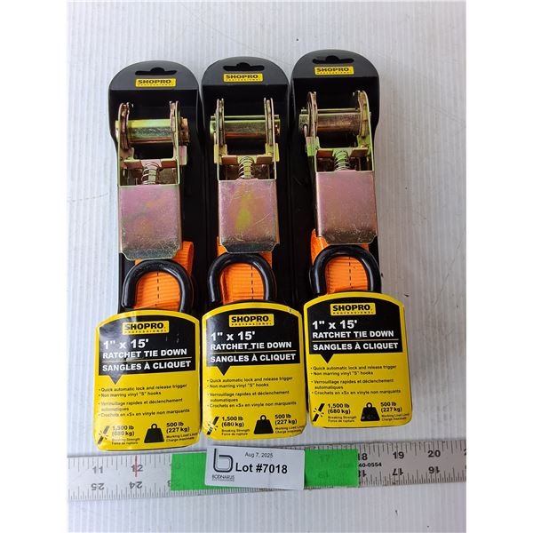 (3) Shop Pro 1" x 15 Ft. Ratcheting Tie Downs, NIB