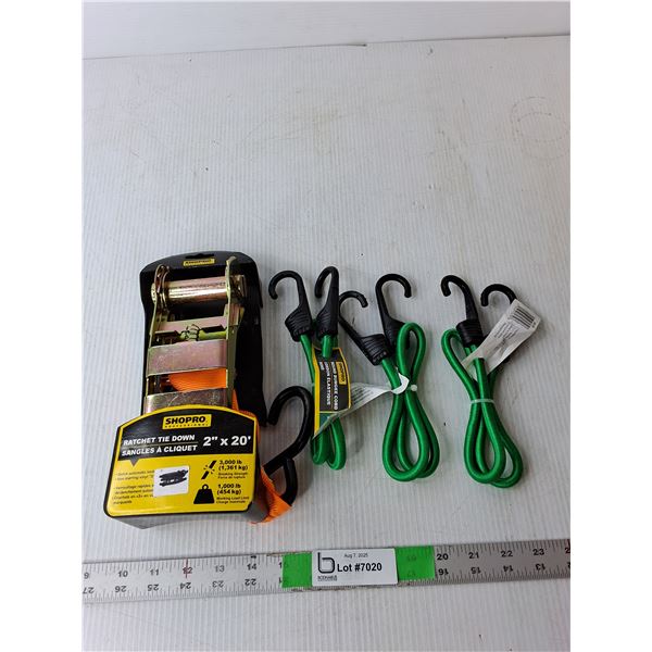 (3) 24" Shop Pro Bungee Cords & 2" x 20 Ft. Ratchet Tie Down