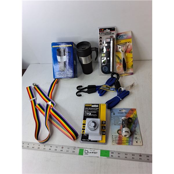 Indoor Mechanical Timer, Laser Measuring Tool, (2) 48" Bungee Cords, Misc.