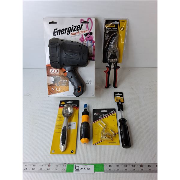 Energizer Flashlight NIB, 10" Aviation Tin Snip, R3 Square Screwdriver, Misc.