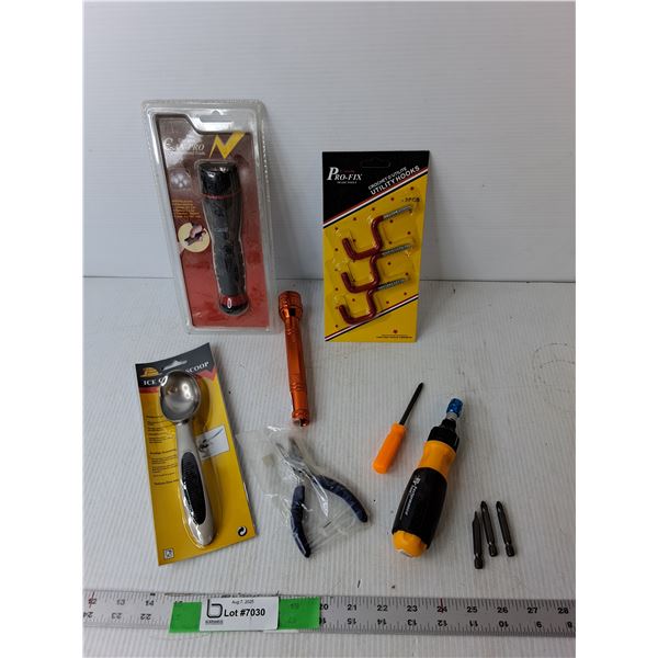 (2) Flashlights- As Is, Multi Bit Screwdriver, (3) Utility Hooks, Misc.