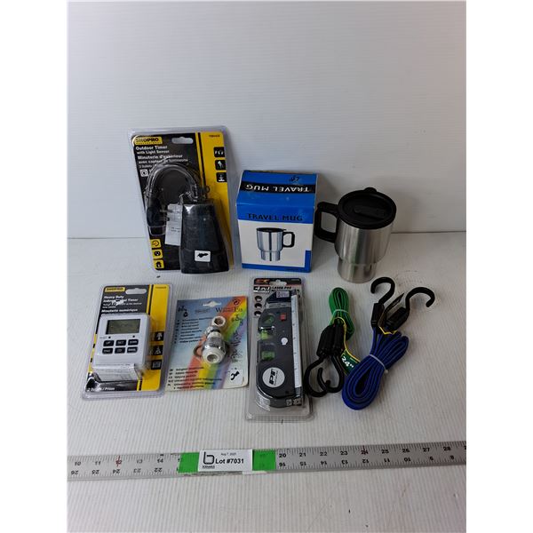 (2) Timers, Laser Measuring Tool, Travel Mug, Misc.
