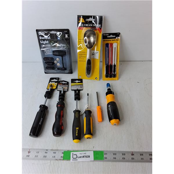 Various Screwdrivers, Swivel Light, Ice Cream Scoop, Misc.