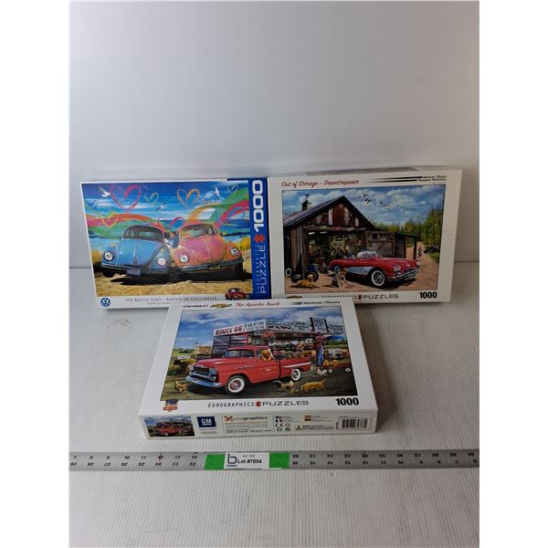 (3) 1000 Piece Puzzles- 'Out of Storage, The Apache Truck, VW Beetle Love' (Eurographics)-Complete