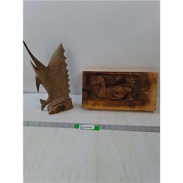Wood Swordfish Statue & Wood Carved Duck- 13.5" x 7"
