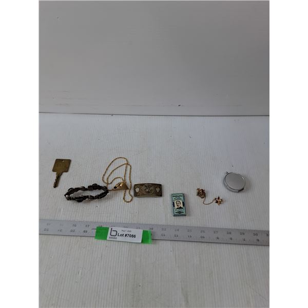 Key, Vintage Belt Buckle, Gillette Blue Blades, Bracelet, Pins, Compass & Glass Clips