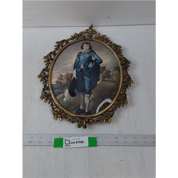 Large Blue Boy & Pinkie Portraits in Brass Frames Bubble Glass.- 16" x 11"