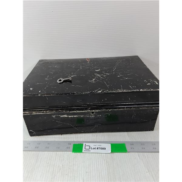 Black Metal Lock Box- 14" x 5" x 9.- Has Key