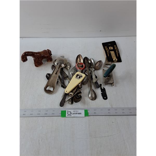 Variety Of Utensils, Spoons Forks, Can Opener & Jar And Bottle Opener & Glass Animal Shaped Figurine