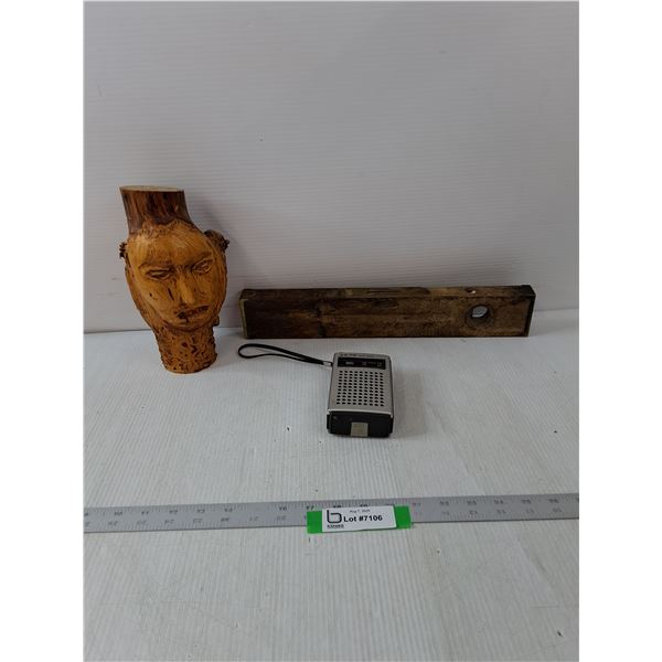 Wood Carving Of Face(9.5" x 4.5"), Realistic AM/FM Portable Radio & Wood Level(16" x 2")