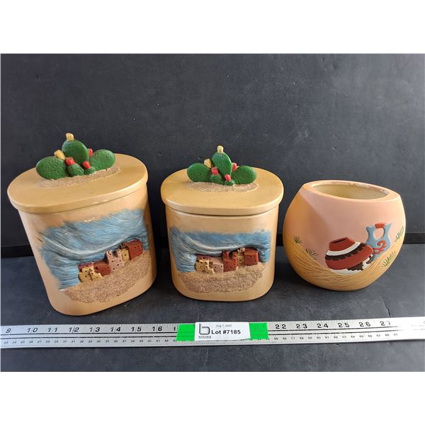 (2) Ceramic Canisters with Lids and Ceramic Vase