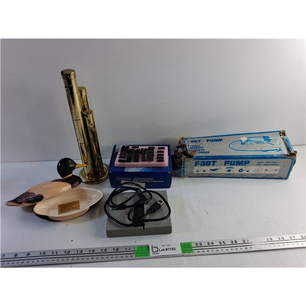 Metal Coin Bank, Universal Device Programmer, Foot Pump and Ceramic Duck Organizer