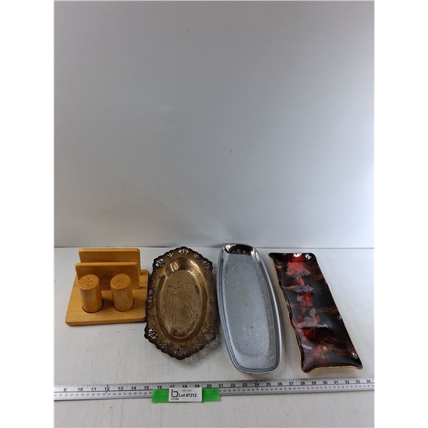 Wooden Napkin Holder And Salt & Pepper Shaker, (3) Trays
