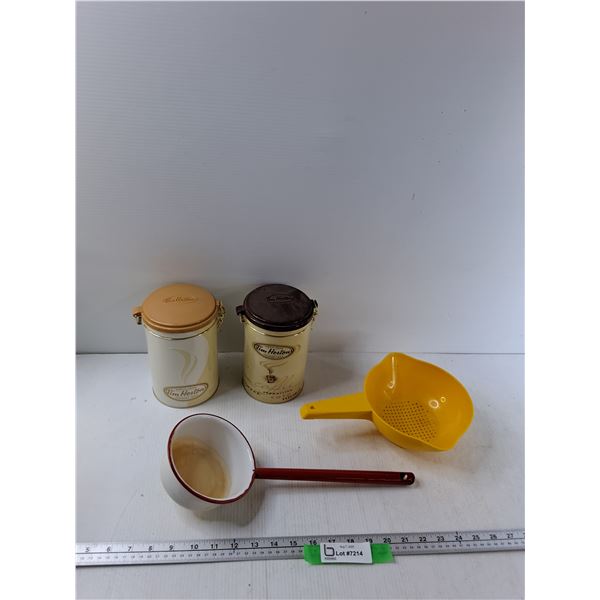 (2) Tim Horton Tins, Strainer, Ladle