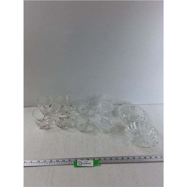 (4) Glasses, Creamer & Sugar Bowl (2) Candle Holders, Misc