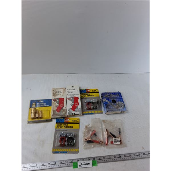 (2) Colour Coded Battery Terminals, (2) Automatic Wire Strippers, Steel Strapping, Misc