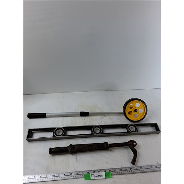 Measuring Wheel, Level, Nail Puller