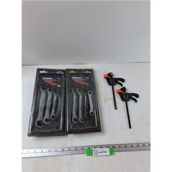 (2) Mastercraft Offset Ratcheting Wrench Set, (2) Clamps