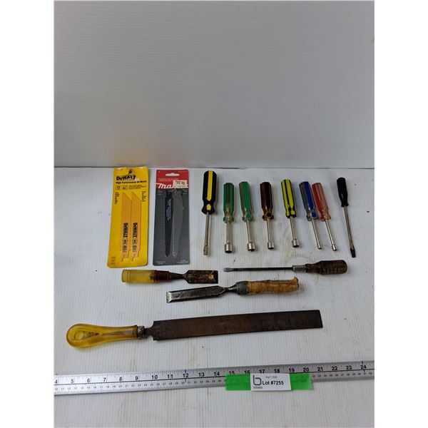 (3) Wood Chisels, (3) Screwdrivers, (6) Nut Drivers, (2) Sets Saw Blades