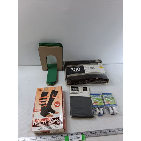 (2) Sheet Straps, Fitted Sheet, (8) Book Ends, Misc
