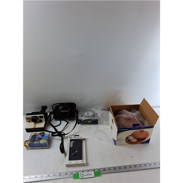 (3) Cameras - Polaroid, Konica, Point And Shoot, Garlic Roaster, Phone Case - As Is