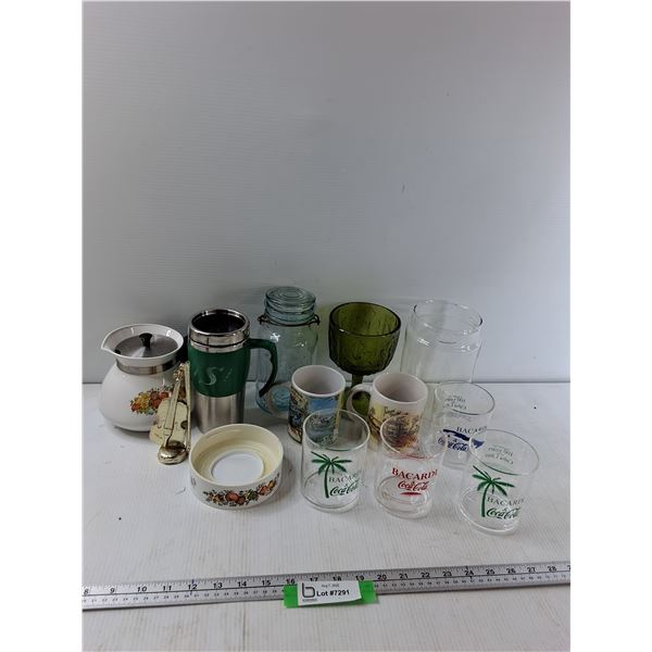 (4) Bacardi Coca-Cola Glasses, (2) Mugs, Glass Jar, Misc