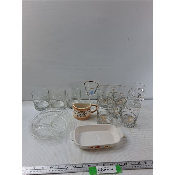 (6) Olympic Glasses, (3) Bacardi Glasses, Glass Divided Tray, Misc