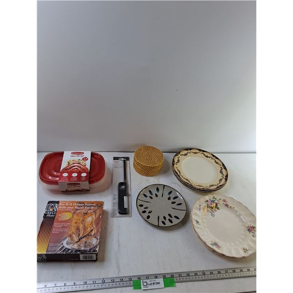 Assorted (6) Plates, Bar-B-Q Chicken Roaster, Rubbermaid Containers, Misc