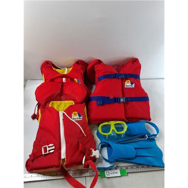 (3) Life Jackets, Swimming Flippers And Goggles - As Is