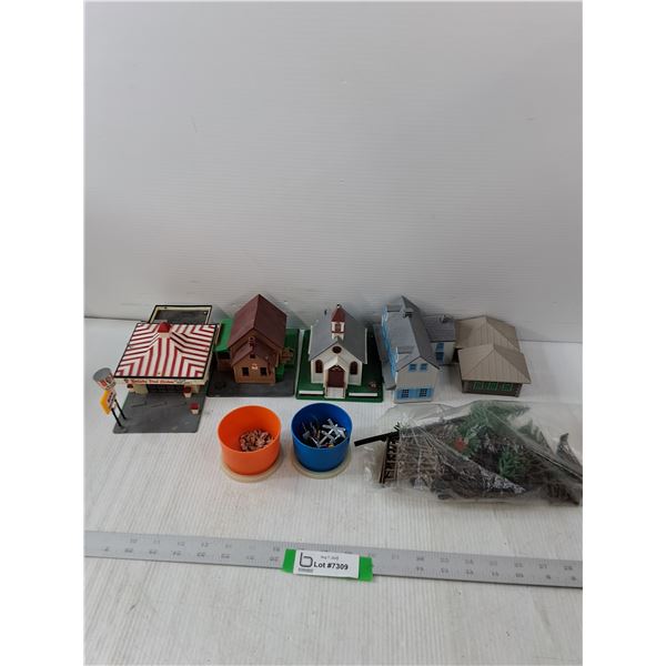 (6)Model Train Building, Fences, Trees, Signs & Rocks