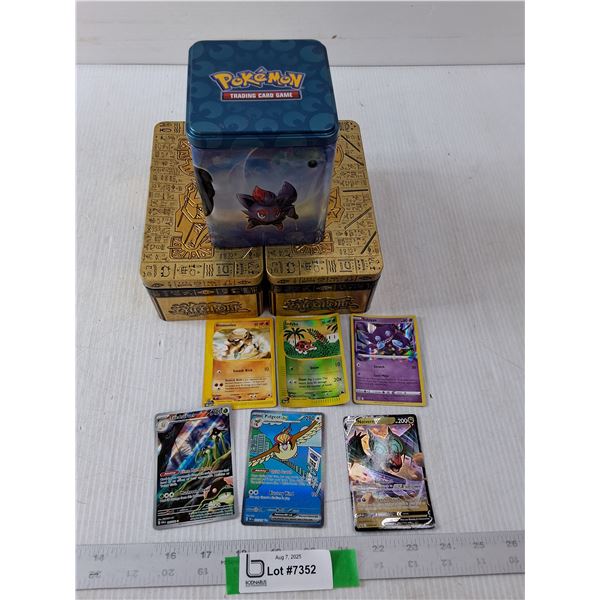 (5) Pokemon Trading Cards & (3) Empty Tins- Cannot Authenticate