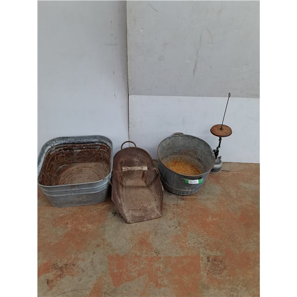 **(2) Galvanized Metal Tub, Grain Scoop, Lamp  -  CANNOT SHIP