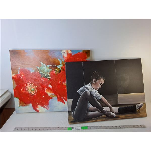 (2) Paintings- Ballerina & Red Flowers, Up to 24" x 20", Pickup Preferred