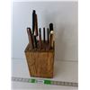 Image 1 : Wooden Knife Block 10" Tall & Utensils