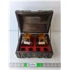 Image 1 : Wooden Treasure Chest 9.5" x 7.5" x 6.5" with (2) Glass Decanters & (4) Shot Glasses