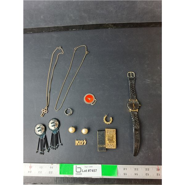 Jewelry Lot- Caravelle Watch- As Is, (2) Necklaces, KISS Pendant, Misc.