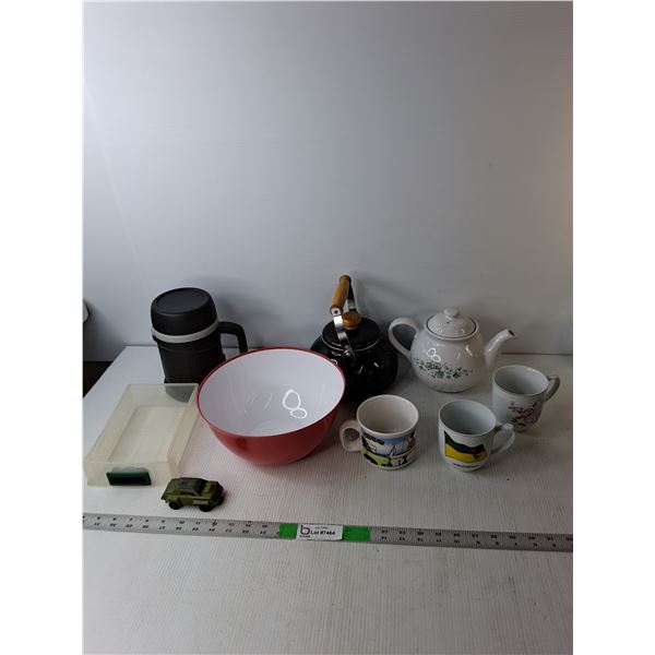 (2) Tea Kettles, Thermos, (3) Mugs, Misc.