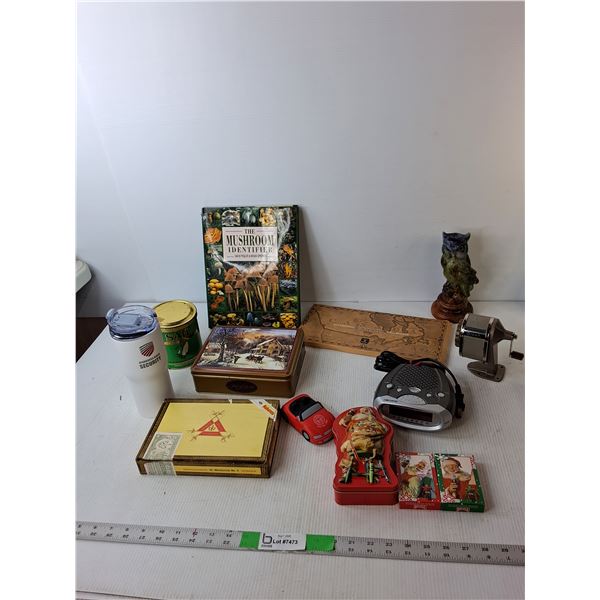 Coca-Cola Tin & (2) Decks of Playing Cards, Alarm Clock- Powers On, Owl Candle, Misc.