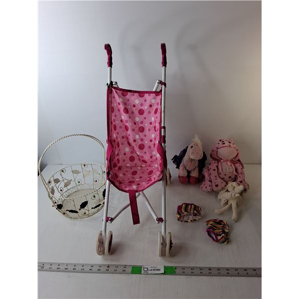 Toy Stroller 23" Tall, Christmas Basket & (3) Stuffies