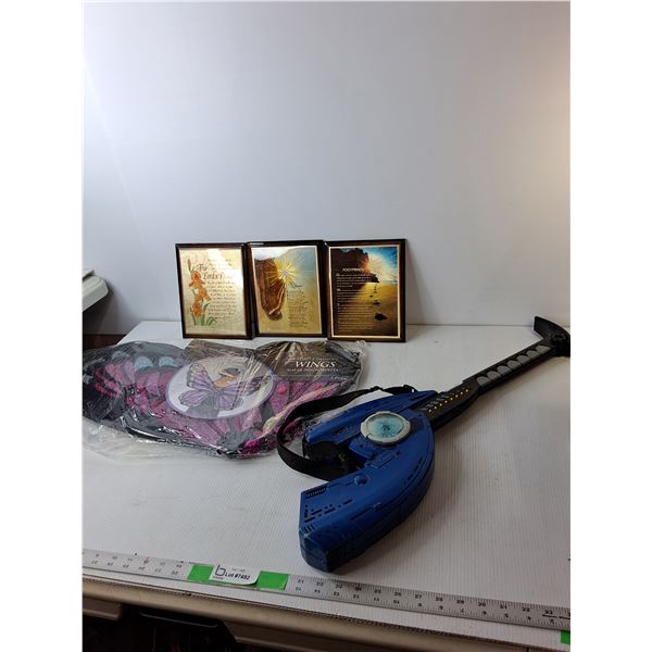 (3) Religious Signs 9.5" x 7.25", Toy Guitar- As Is & Costume Wings  -  PICK UP