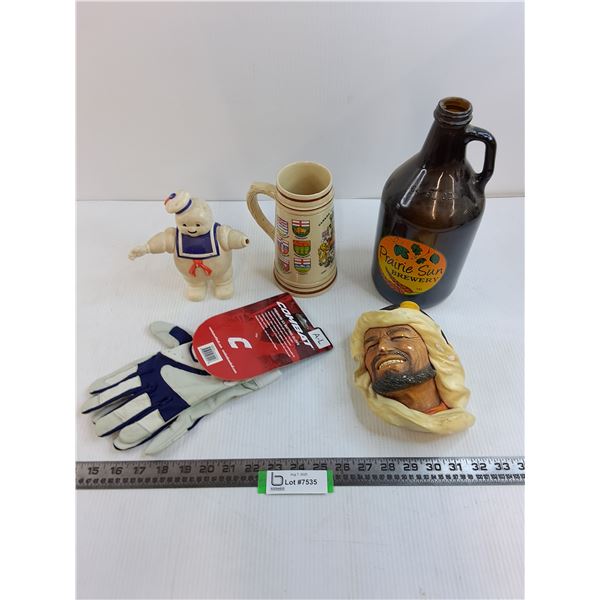 "Middle Eastern Man" Wall Art, Prairie Sun Growler, Canada Ceramic Beer Stein, Batting Gloves, Misc.