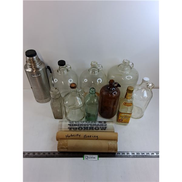 (9) Vintage Glass Bottles, Stanley Insulated Thermos, Hubcity Boxing Iron-Ons  -  PICK UP