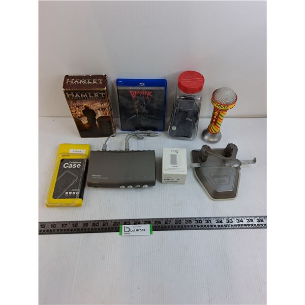 Movies (Berserk DVD, Hamlet VHS), Recoton S-Video Switch, 2-Hole Punch, Ring Chime, Happy-Okee Mic